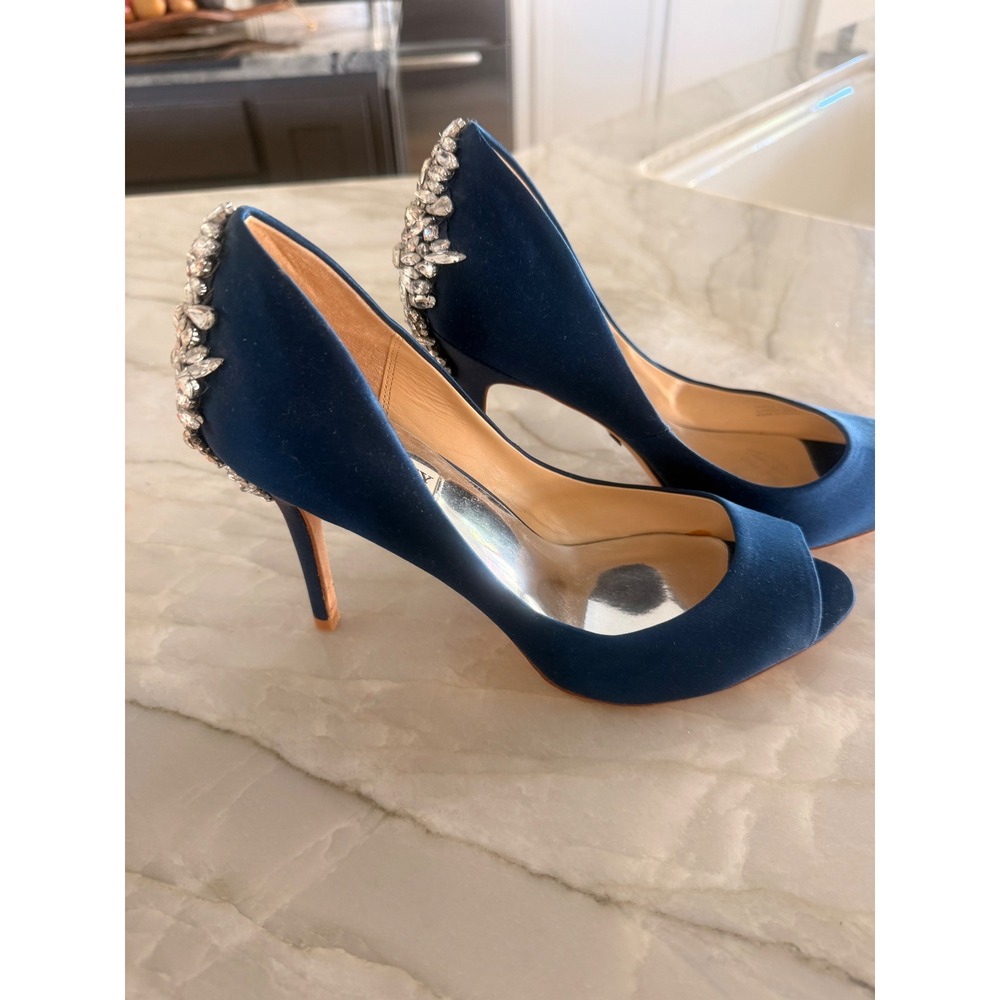 Badgley Mischka Peep Toe Pump Women 9.5 Navy Blue Satin Crystal Embellished Heel